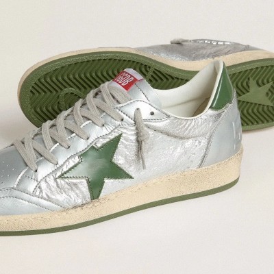Golden Goose Ball Star Sneaker In Silver Nylon With Green Leather Star And Heel Tab Golden Goose Ball Star Sneaker In Silver Nylon With Green Leather Star And Heel Tab