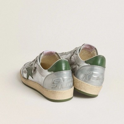 Golden Goose Ball Star Sneaker In Silver Nylon With Green Leather Star And Heel Tab Golden Goose Ball Star Sneaker In Silver Nylon With Green Leather Star And Heel Tab