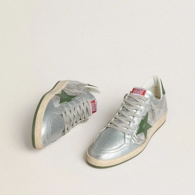 Golden Goose Ball Star Sneaker In Silver Nylon With Green Leather Star And Heel Tab