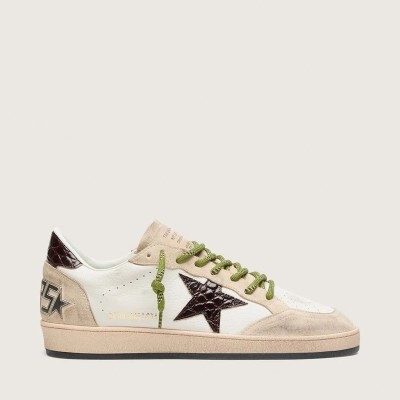 Golden Goose Ball Star Sneaker In White Leather With Burgundy Croc-Effect Star Golden Goose Ball Star Sneaker In White Leather With Burgundy Croc-Effect Star