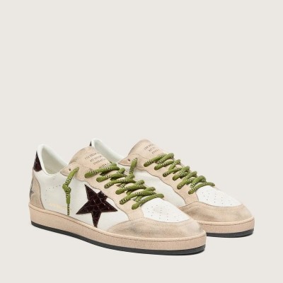 Golden Goose Ball Star Sneaker In White Leather With Burgundy Croc-Effect Star