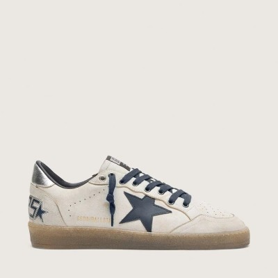 Golden Goose Ball Star Sneaker In White Leather With Dark Blue Leather Star And Silver Laminated Leather Heel Tab