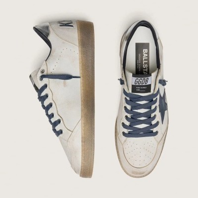 Golden Goose Ball Star Sneaker In White Leather With Dark Blue Leather Star And Silver Laminated Leather Heel Tab