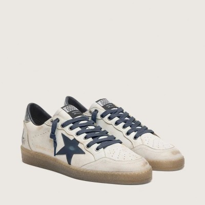 Golden Goose Ball Star Sneaker In White Leather With Dark Blue Leather Star And Silver Laminated Leather Heel Tab