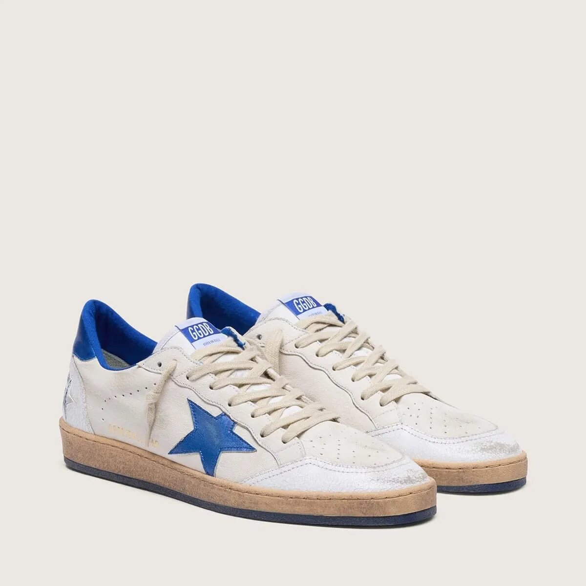 Golden Goose Ball Star Sneaker In White Nappa With Blue Star And Heel Tab Golden Goose Ball Star Sneaker In White Nappa With Blue Star And Heel Tab