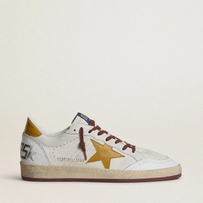 Golden Goose Ball Star Sneaker In White Nappa Leather With Yellow Animal-Print Leather Star And Heel Tab Golden Goose Ball Star Sneaker In White Nappa Leather With Yellow Animal-Print Leather Star And Heel Tab