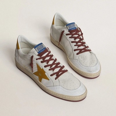 Golden Goose Ball Star Sneaker In White Nappa Leather With Yellow Animal-Print Leather Star And Heel Tab Golden Goose Ball Star Sneaker In White Nappa Leather With Yellow Animal-Print Leather Star And Heel Tab