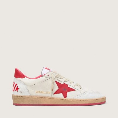 Golden Goose Ball Star Wishes Sneaker In White Leather With A Red Star And Heel Tab Golden Goose Ball Star Wishes Sneaker In White Leather With A Red Star And Heel Tab