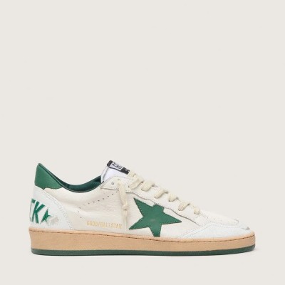 Golden Goose Ball Star Wishes Sneaker In White Nappa Leather With Green Leather Star And Heel Tab Golden Goose Ball Star Wishes Sneaker In White Nappa Leather With Green Leather Star And Heel Tab