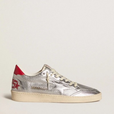 Golden Goose Bio-Based Ball Star Sneaker In Metallic Silver With Silver Star And Red Heel Tab Golden Goose Bio-Based Ball Star Sneaker In Metallic Silver With Silver Star And Red Heel Tab