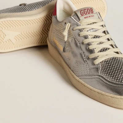 Golden Goose Bio-Based Ball Star Sneaker In Metallic Silver With Silver Star And Red Heel Tab Golden Goose Bio-Based Ball Star Sneaker In Metallic Silver With Silver Star And Red Heel Tab