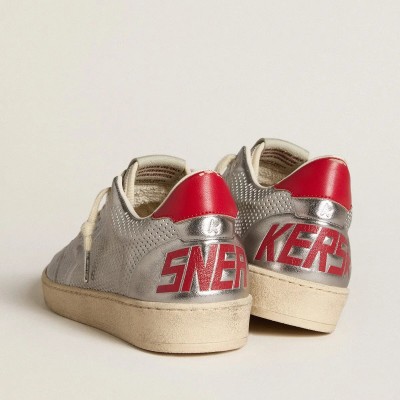 Golden Goose Bio-Based Ball Star Sneaker In Metallic Silver With Silver Star And Red Heel Tab Golden Goose Bio-Based Ball Star Sneaker In Metallic Silver With Silver Star And Red Heel Tab