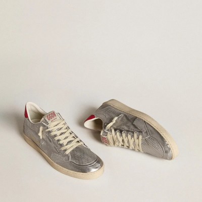 Golden Goose Bio-Based Ball Star Sneaker In Metallic Silver With Silver Star And Red Heel Tab