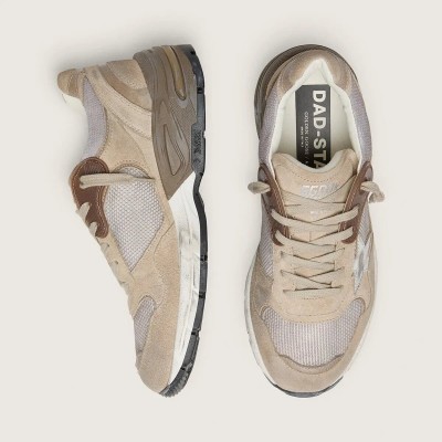 Golden Goose Dad-Star Sneaker In Beige Mesh And Suede With Silver Leather Star