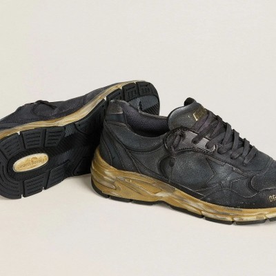 Golden Goose Dad-Star Sneaker In Black Naplak And Crackle Leather With Black Star And Heel Tab Golden Goose Dad-Star Sneaker In Black Naplak And Crackle Leather With Black Star And Heel Tab