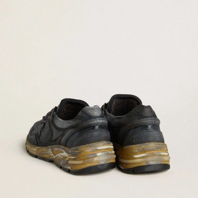 Golden Goose Dad-Star Sneaker In Black Naplak And Crackle Leather With Black Star And Heel Tab Golden Goose Dad-Star Sneaker In Black Naplak And Crackle Leather With Black Star And Heel Tab