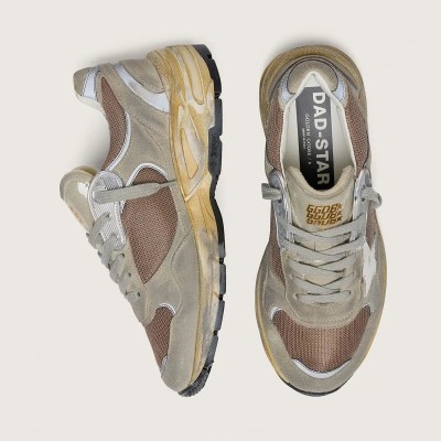 Golden Goose Dad-Star Sneaker In Dove-Gray Suede And Silver Mesh With White Leather Star And Suede Heel Tab Golden Goose Dad-Star Sneaker In Dove-Gray Suede And Silver Mesh With White Leather Star And Suede Heel Tab