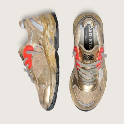 Golden Goose Dad-Star Sneaker In Gold Laminated Leather And Mesh With White Leather Star And Gold Leather Heel Tab