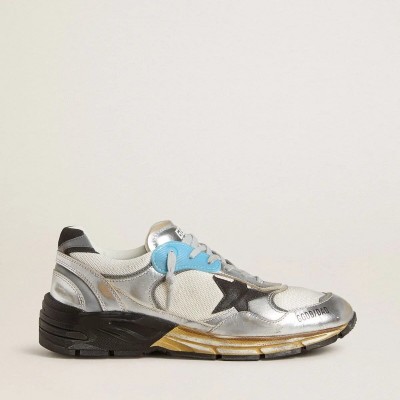 Golden Goose Dad-Star Sneaker In Mesh And Silver Foiled Leather With Black Leather Star