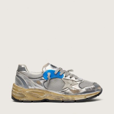 Golden Goose Dad-Star Sneaker In Silver Laminated Leather And Mesh With White Leather Star And Silver Heel Tab