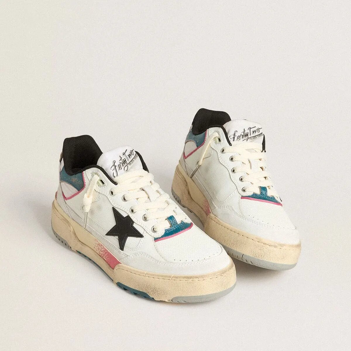 Golden Goose Forty2 Sneaker With Black Star And Silver Foiled Leather Heel Tab Golden Goose Forty2 Sneaker With Black Star And Silver Foiled Leather Heel Tab