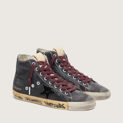 Golden Goose Francy Lab Sneaker In Black Suede With Black Star And Black Swarovski