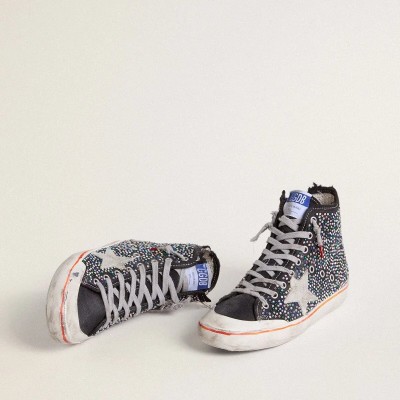 Golden Goose Francy Penstar Lab Sneaker In Black Canvas With Multicolor Rhinestones