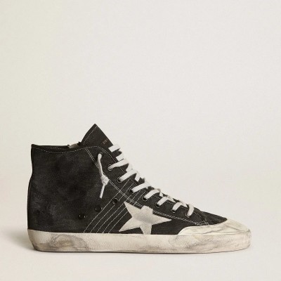 Golden Goose Francy Penstar Sneaker In Black Canvas With White Suede Star And Black Suede Heel Tab Golden Goose Francy Penstar Sneaker In Black Canvas With White Suede Star And Black Suede Heel Tab