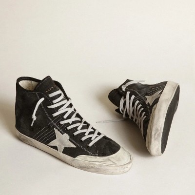 Golden Goose Francy Penstar Sneaker In Black Canvas With White Suede Star And Black Suede Heel Tab