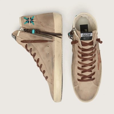 Golden Goose Francy Sneaker In Beige Suede With Brown Leather Star And Colored Beads Golden Goose Francy Sneaker In Beige Suede With Brown Leather Star And Colored Beads