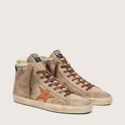 Golden Goose Francy Sneaker In Beige Suede With Brown Leather Star And Colored Beads