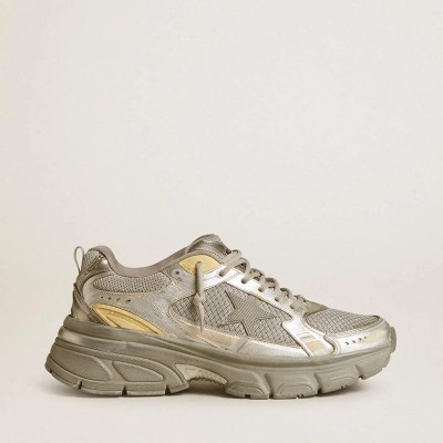 Golden Goose Lightstar Sneaker In Metallic Leather And Silver Mesh With Gray Star Golden Goose Lightstar Sneaker In Metallic Leather And Silver Mesh With Gray Star