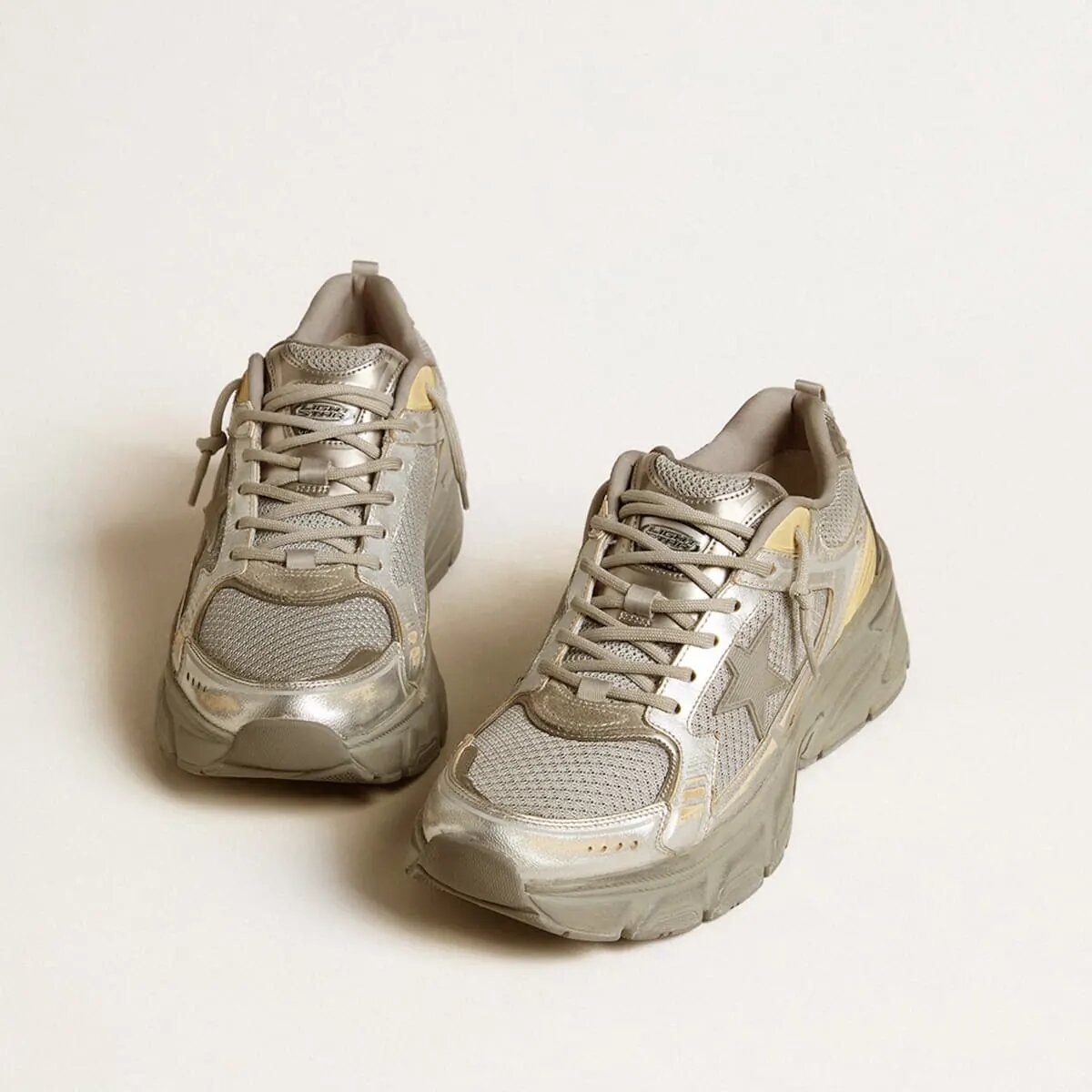 Golden Goose Lightstar Sneaker In Metallic Leather And Silver Mesh With Gray Star Golden Goose Lightstar Sneaker In Metallic Leather And Silver Mesh With Gray Star