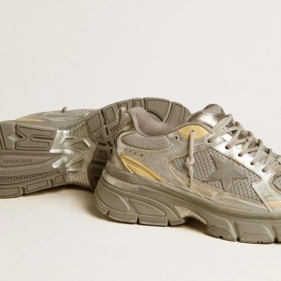 Golden Goose Lightstar Sneaker In Metallic Leather And Silver Mesh With Gray Star Golden Goose Lightstar Sneaker In Metallic Leather And Silver Mesh With Gray Star