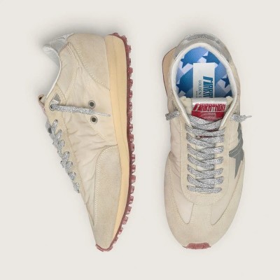 Golden Goose Marathon Sneaker With Beige Nylon Upper And Gray Star