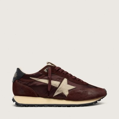 Golden Goose Marathon Sneaker With Brown Satin Upper And Platinum Leather Star