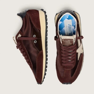 Golden Goose Marathon Sneaker With Brown Satin Upper And Platinum Leather Star