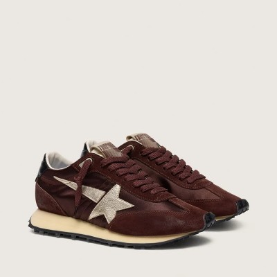 Golden Goose Marathon Sneaker With Brown Satin Upper And Platinum Leather Star Golden Goose Marathon Sneaker With Brown Satin Upper And Platinum Leather Star