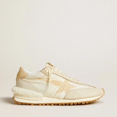Golden Goose Marathon Sneaker In Beige Nylon And Gray Leather With Beige Printed Star Golden Goose Marathon Sneaker In Beige Nylon And Gray Leather With Beige Printed Star