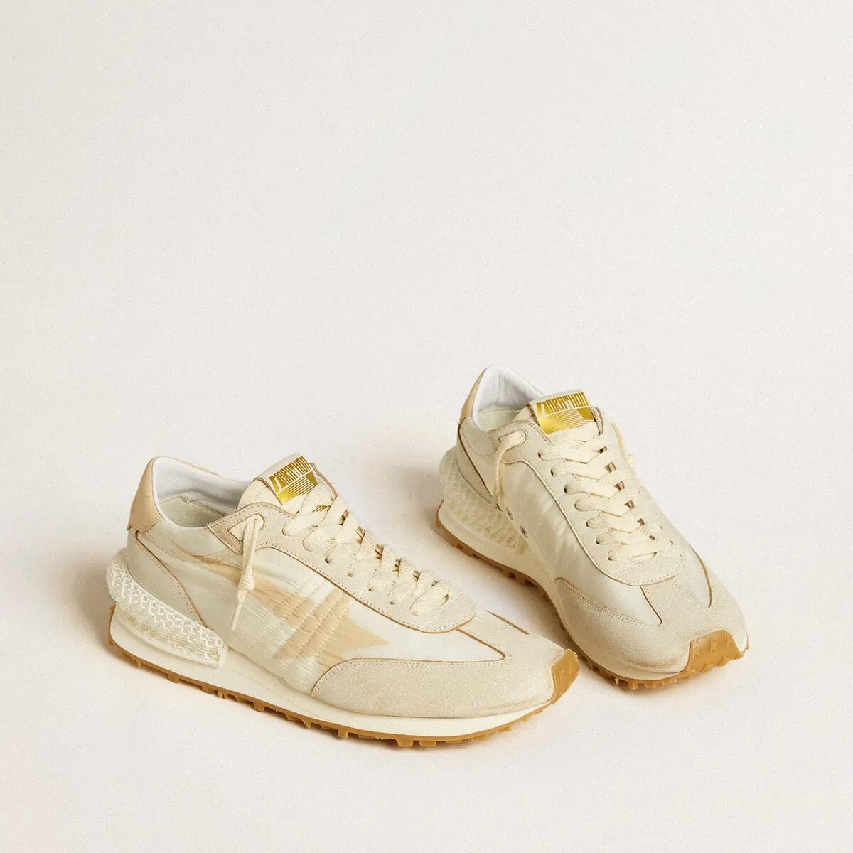 Golden Goose Marathon Sneaker In Beige Nylon And Gray Leather With Beige Printed Star Golden Goose Marathon Sneaker In Beige Nylon And Gray Leather With Beige Printed Star