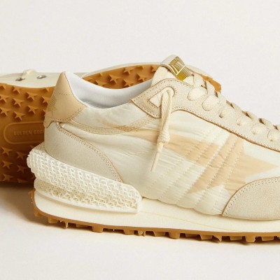Golden Goose Marathon Sneaker In Beige Nylon And Gray Leather With Beige Printed Star Golden Goose Marathon Sneaker In Beige Nylon And Gray Leather With Beige Printed Star