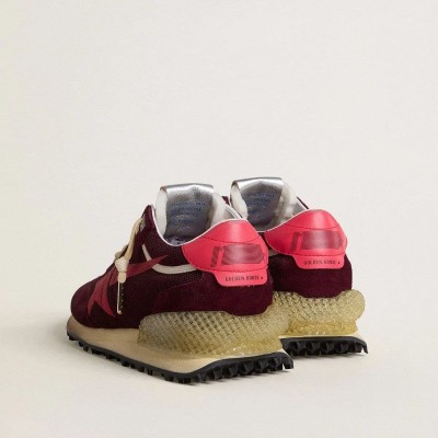 Golden Goose Marathon Sneaker In Burgundy Mesh And Suede With Printed Pink Star