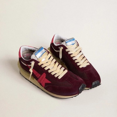 Golden Goose Marathon Sneaker In Burgundy Mesh And Suede With Printed Pink Star Golden Goose Marathon Sneaker In Burgundy Mesh And Suede With Printed Pink Star