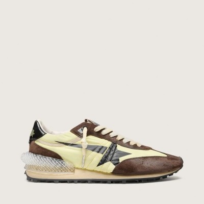Golden Goose Marathon Sneaker In Lime-Green Nylon With Black Star And Brown Suede Inserts Golden Goose Marathon Sneaker In Lime-Green Nylon With Black Star And Brown Suede Inserts