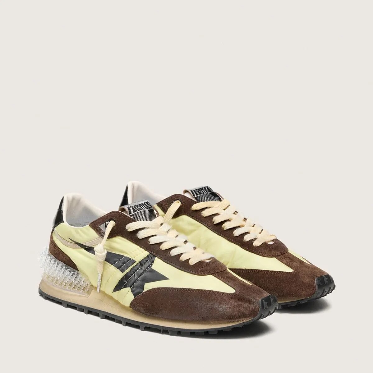 Golden Goose Marathon Sneaker In Lime-Green Nylon With Black Star And Brown Suede Inserts Golden Goose Marathon Sneaker In Lime-Green Nylon With Black Star And Brown Suede Inserts