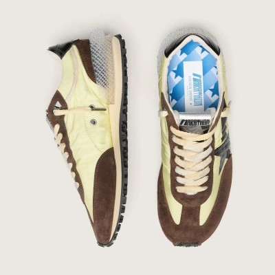 Golden Goose Marathon Sneaker In Lime-Green Nylon With Black Star And Brown Suede Inserts Golden Goose Marathon Sneaker In Lime-Green Nylon With Black Star And Brown Suede Inserts