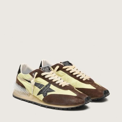 Golden Goose Marathon Sneaker In Lime-Green Nylon With Black Star And Brown Suede Inserts Golden Goose Marathon Sneaker In Lime-Green Nylon With Black Star And Brown Suede Inserts