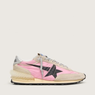 Golden Goose Marathon Sneaker In Pink Nylon And Gold Suede With Black Printed Star
