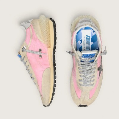Golden Goose Marathon Sneaker In Pink Nylon And Gold Suede With Black Printed Star