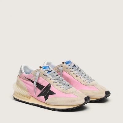 Golden Goose Marathon Sneaker In Pink Nylon And Gold Suede With Black Printed Star Golden Goose Marathon Sneaker In Pink Nylon And Gold Suede With Black Printed Star